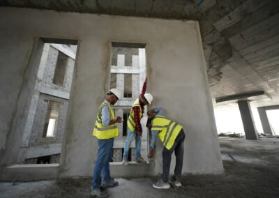 a group of men standing next to each other in front of a building